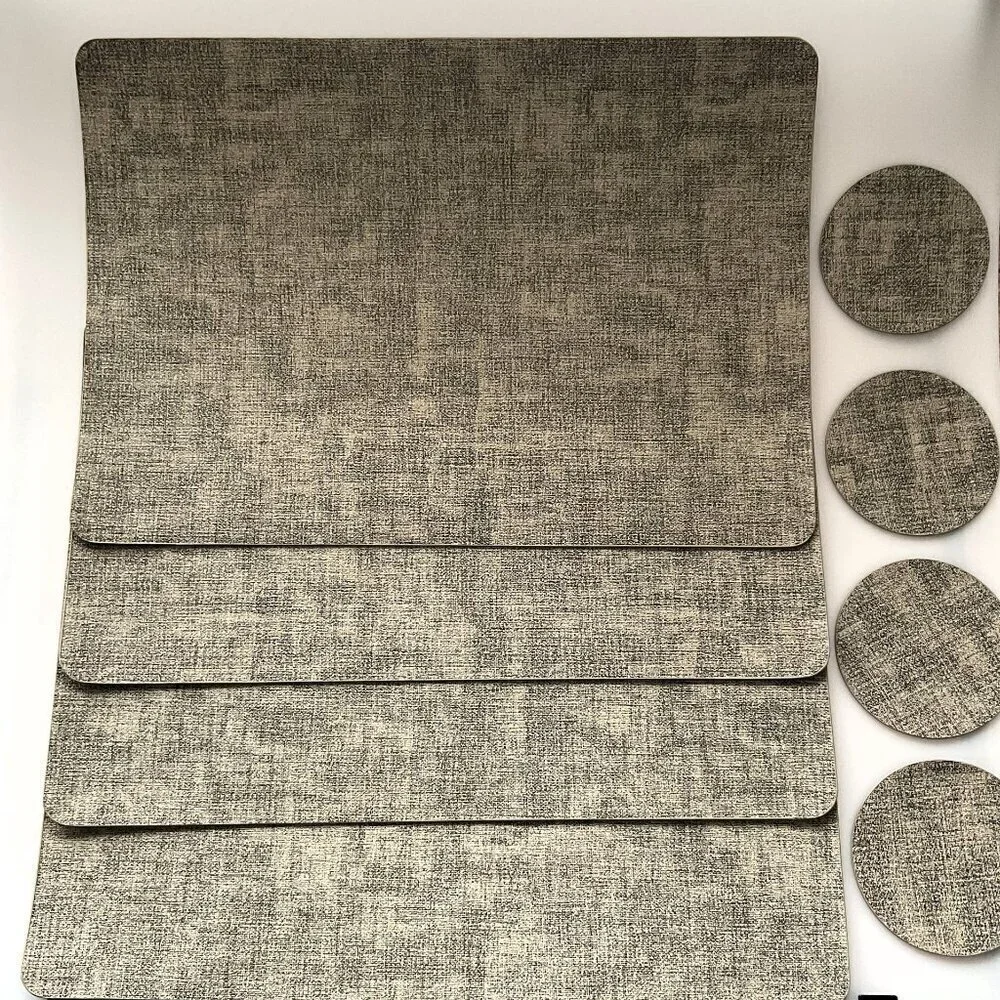 NEW 4 Faux Leather Placemats & Coasters Reversible Heat-Resistant Black & Gray